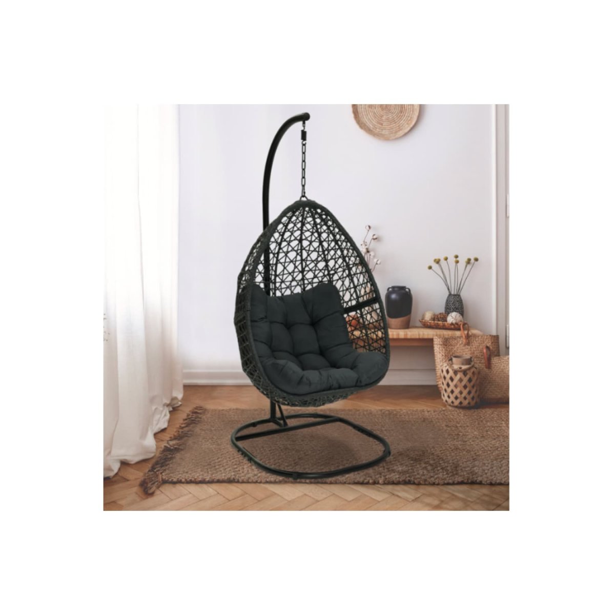 Fauteuil lune suspendu ajouré effet rotin avec coussin gris – Image 4