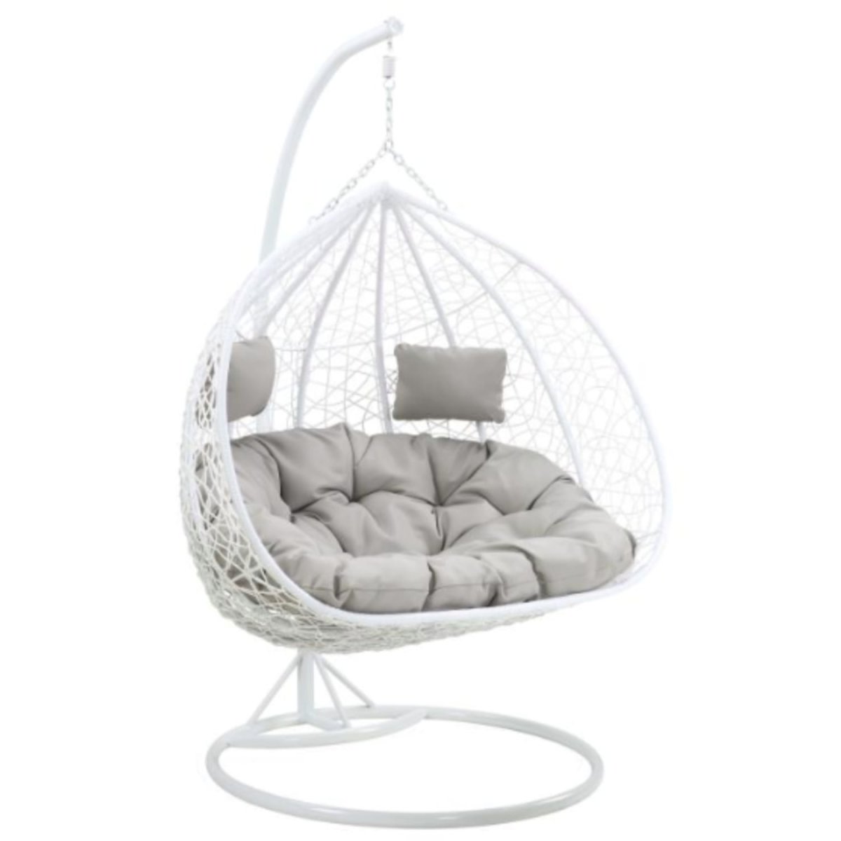 Fauteuil suspendu 2 places en résine tressée – Blanc avec coussins gris – CAYAMBE de MYLIA – Image 2