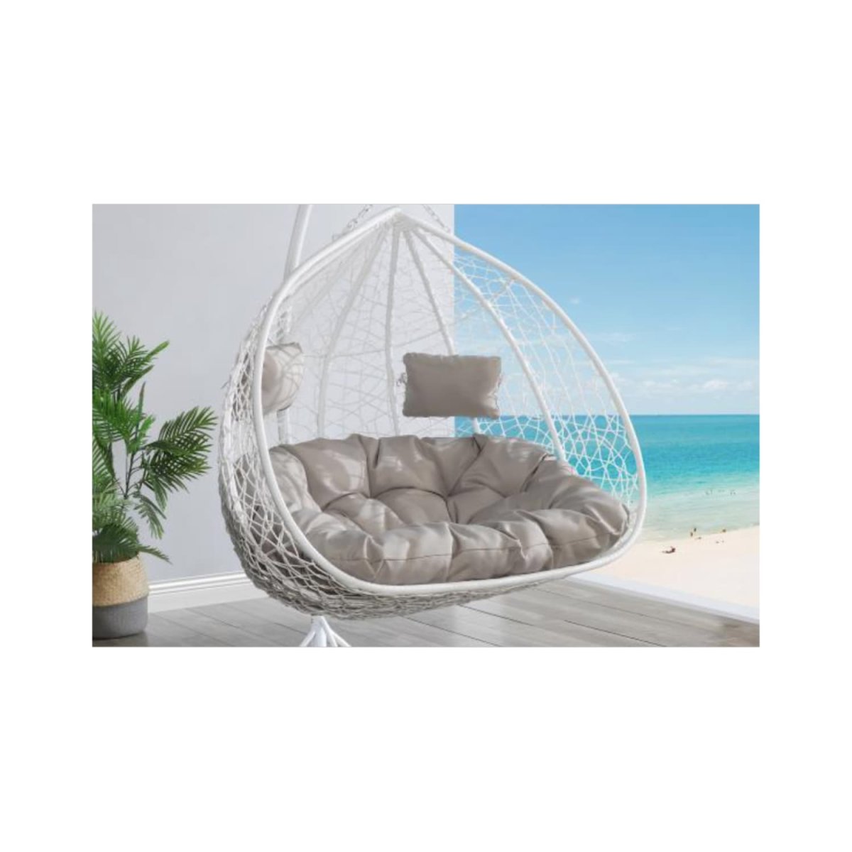 Fauteuil suspendu 2 places en résine tressée – Blanc avec coussins gris – CAYAMBE de MYLIA – Image 3