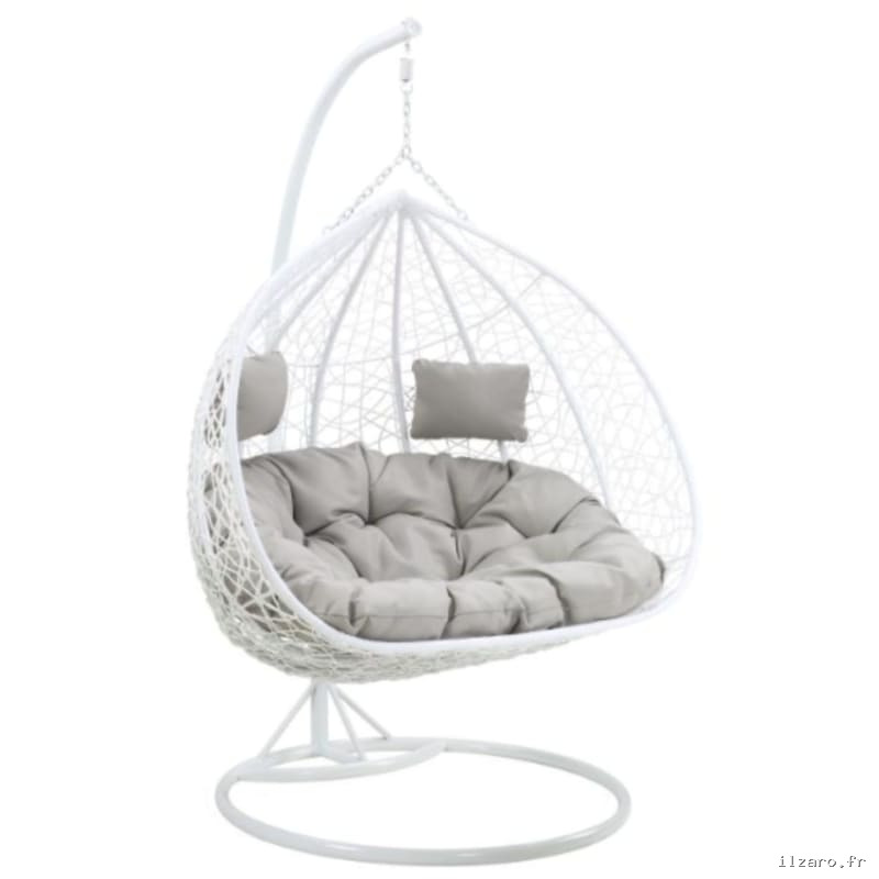 Fauteuil suspendu 2 places en résine tressée – Blanc avec coussins gris – CAYAMBE de MYLIA