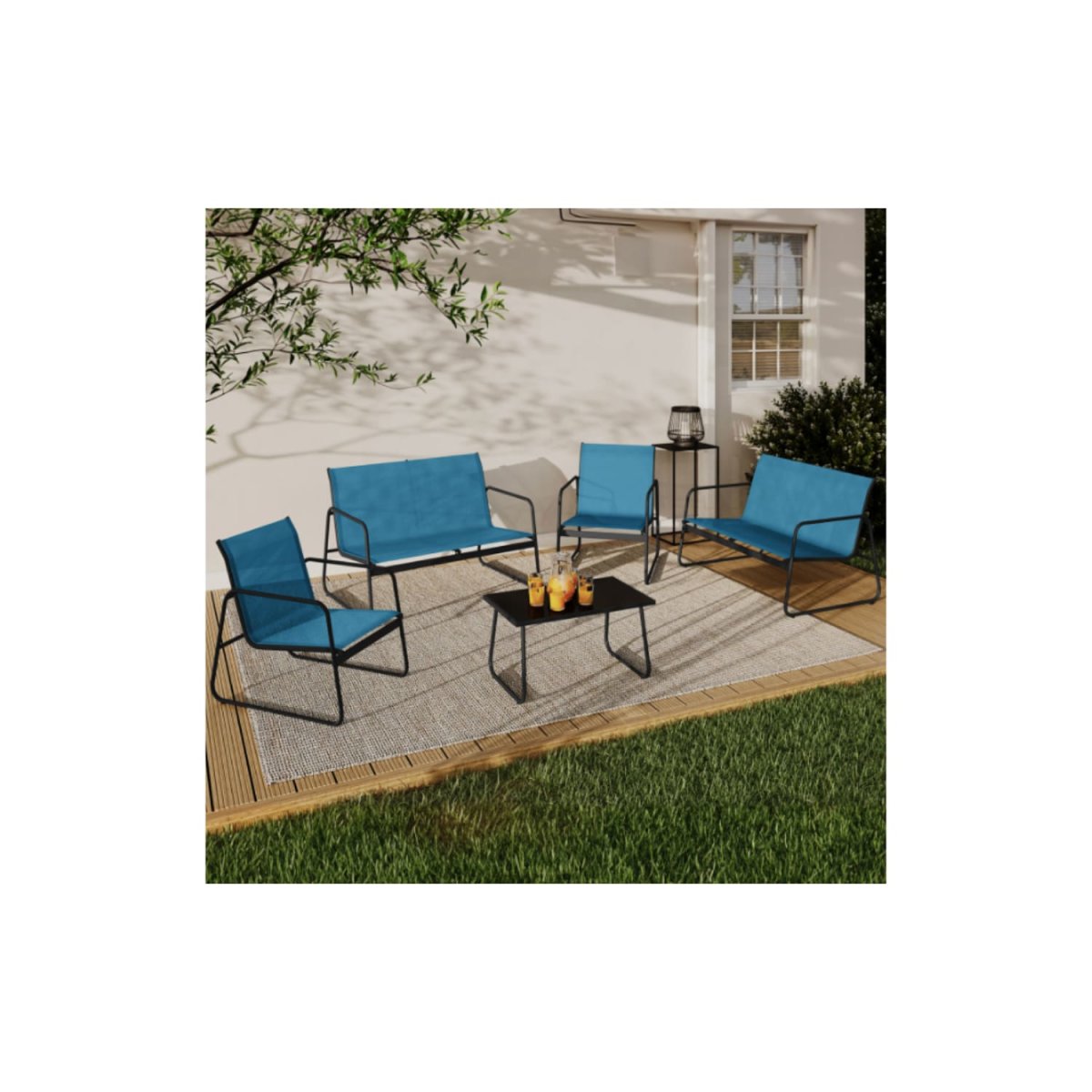 Salon de jardin bas MALAGA 6 places avec canapé, fauteuils et table bleu canard – Image 2