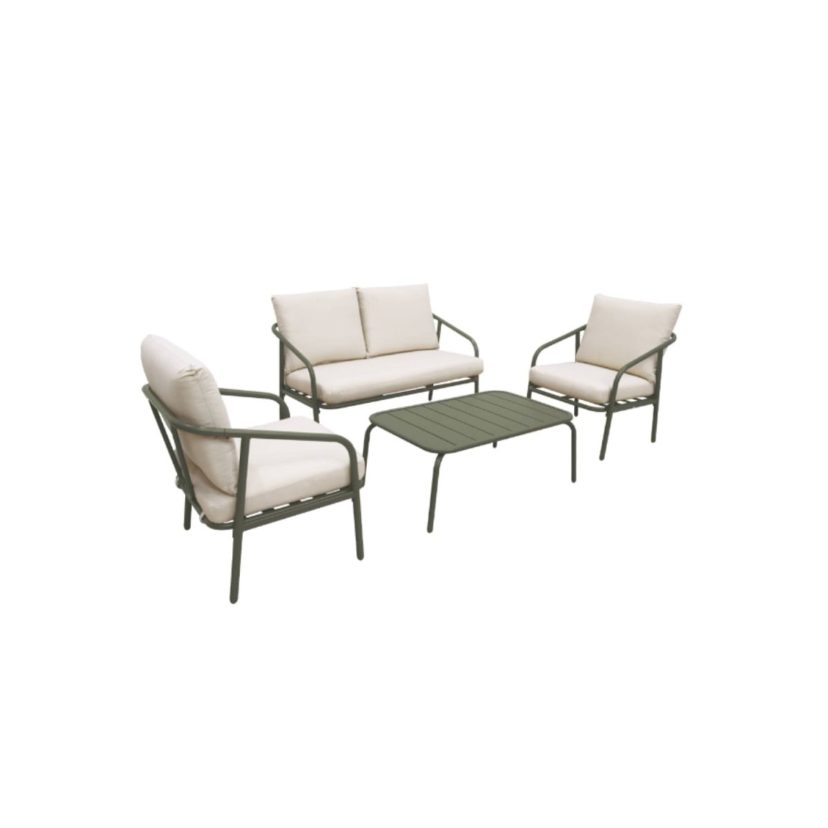 Salon de jardin en métal 4 places kaki. coussins beige. design épuré – Image 2