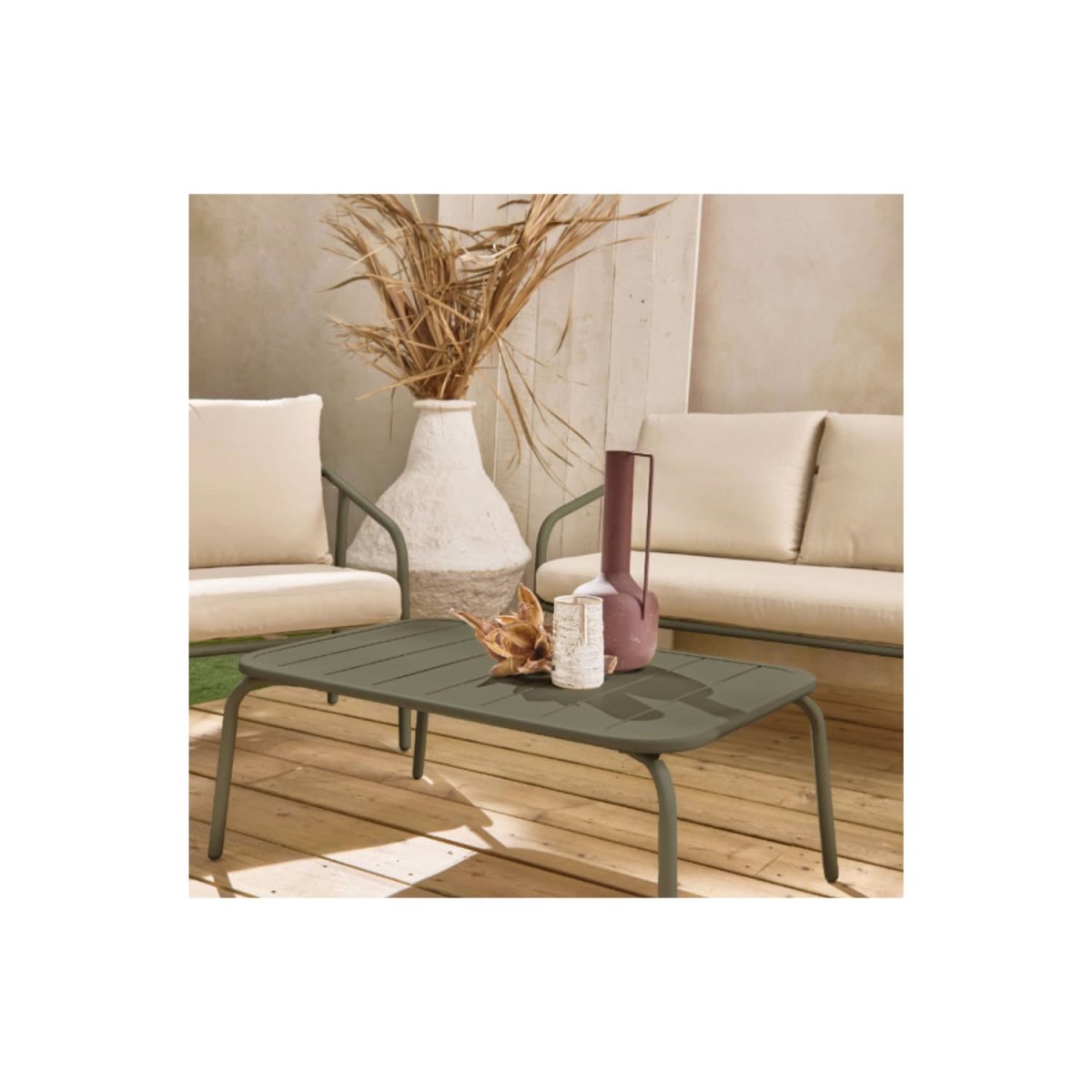 Salon de jardin en métal 4 places kaki. coussins beige. design épuré – Image 3