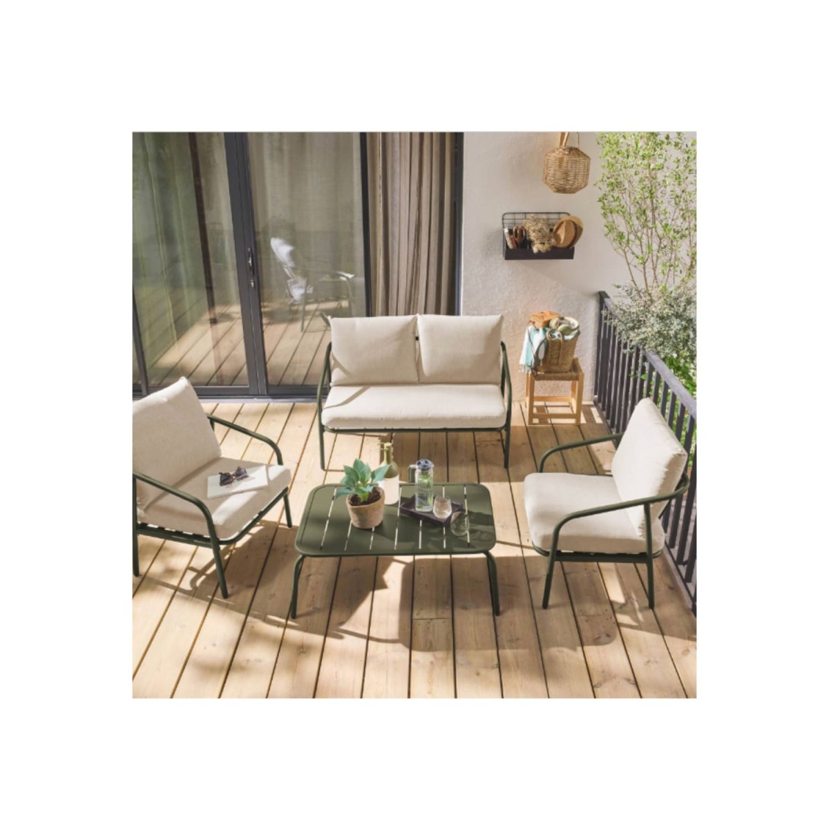 Salon de jardin en métal 4 places kaki. coussins beige. design épuré – Image 4