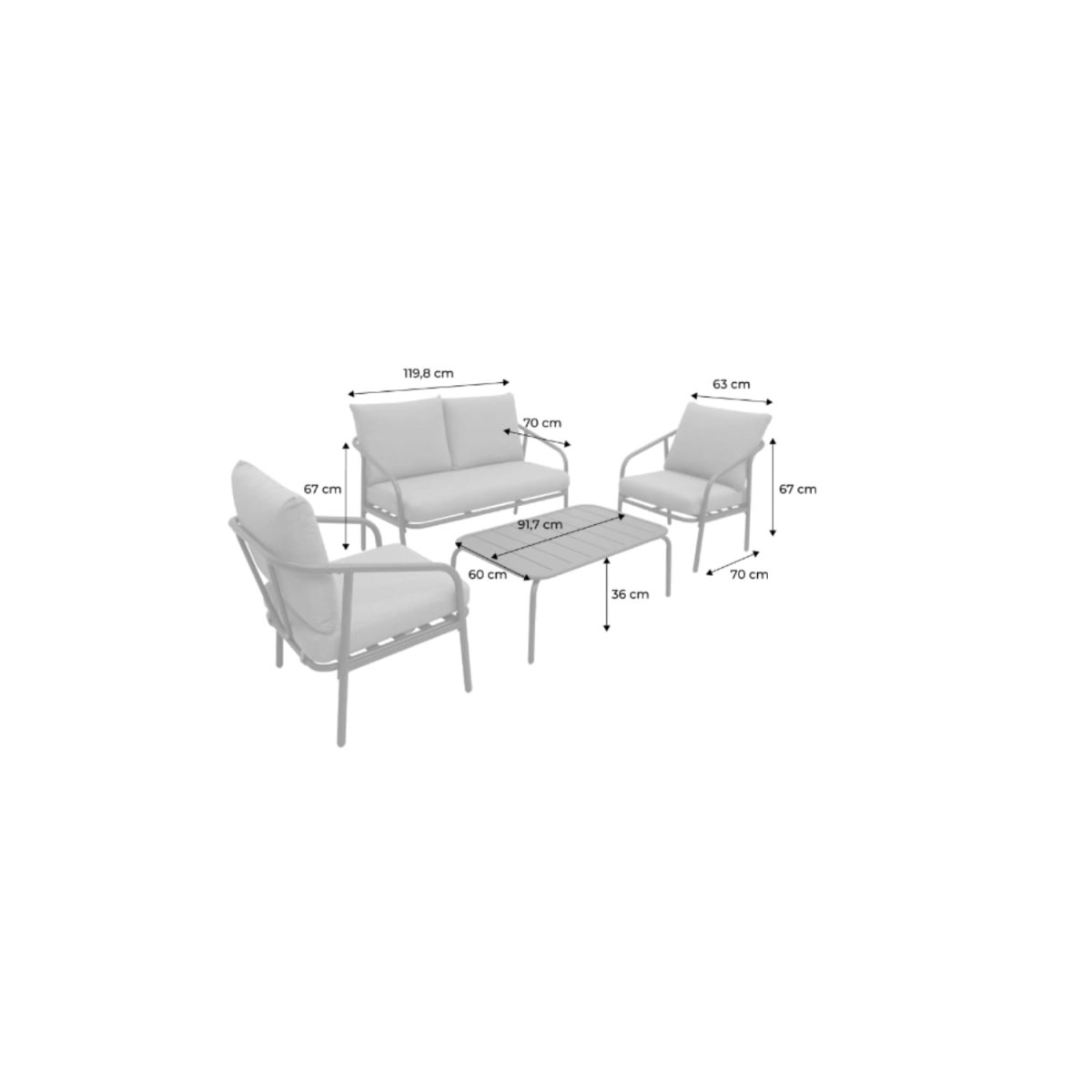 Salon de jardin en métal 4 places kaki. coussins beige. design épuré – Image 5