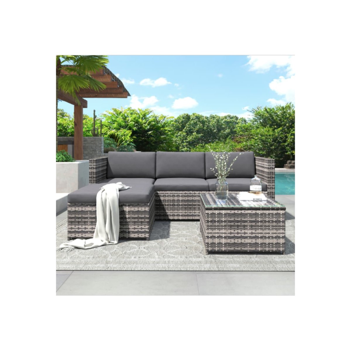 Salon de jardin en résine tressée – Canapé d’angle extérieur avec table basse – 4 places – Gris – Image 3