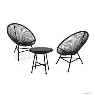 Salon de jardin IZMIR table et 2 fauteuils oeuf cordage noir