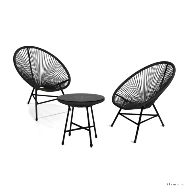 Salon de jardin IZMIR table et 2 fauteuils oeuf cordage noir