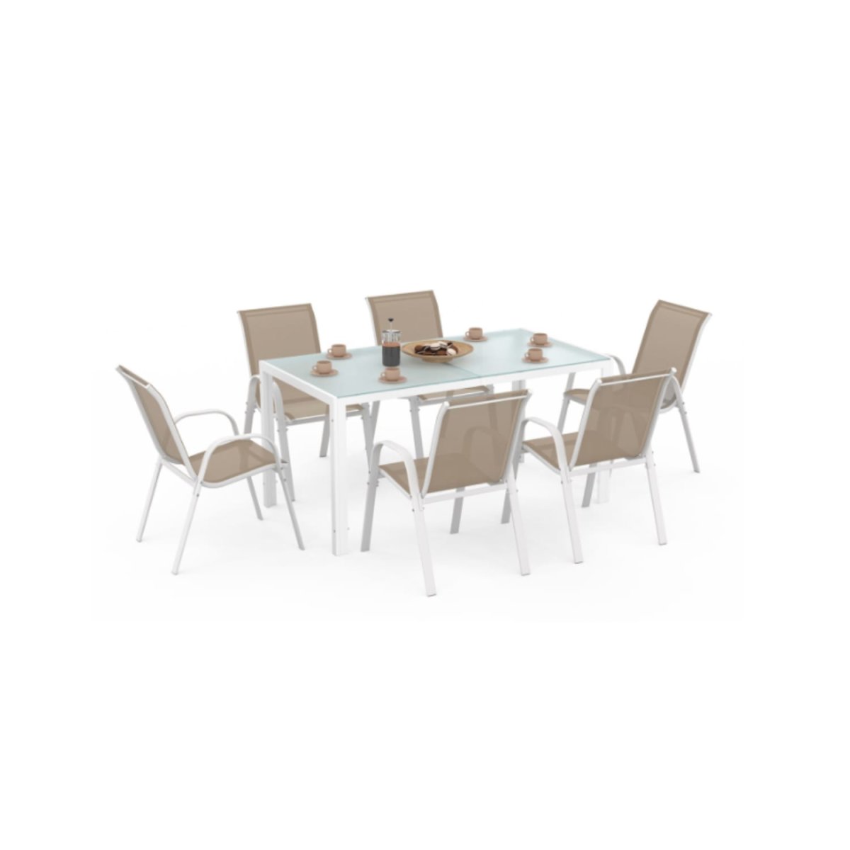 Salon de jardin MADRID table 150 CM et 6 chaises empilables blanc et beige – Image 2
