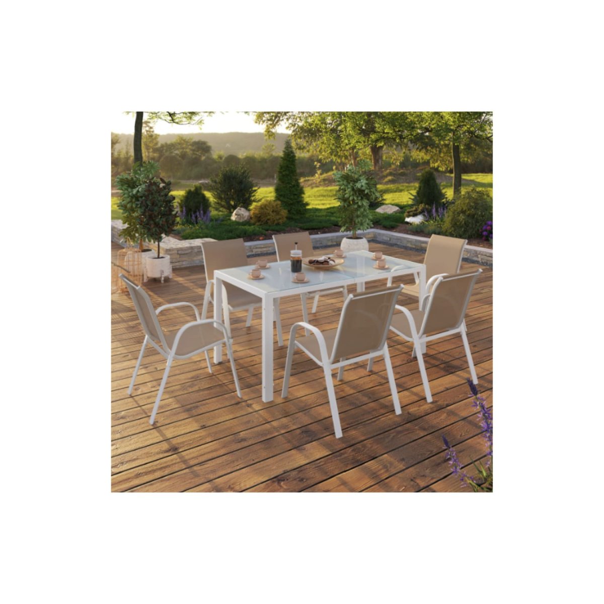 Salon de jardin MADRID table 150 CM et 6 chaises empilables blanc et beige – Image 3