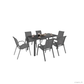 Salon de jardin MADRID table 150 CM et 6 chaises empilables gris anthracite