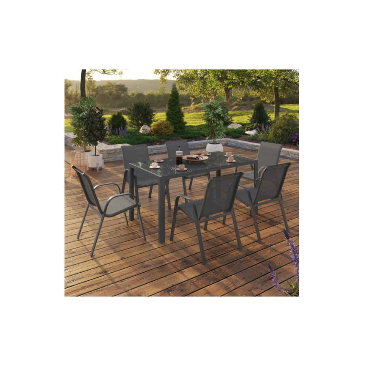 Salon de jardin MADRID table 150 CM et 6 chaises empilables gris anthracite – Image 3