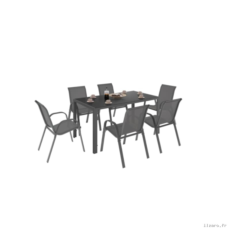 Salon de jardin MADRID table 150 CM et 6 chaises empilables gris anthracite