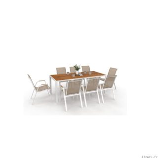 Salon de jardin NOUMEA table 190 cm plateau verre trempé effet bois et 8 chaises empilables blanc et bois
