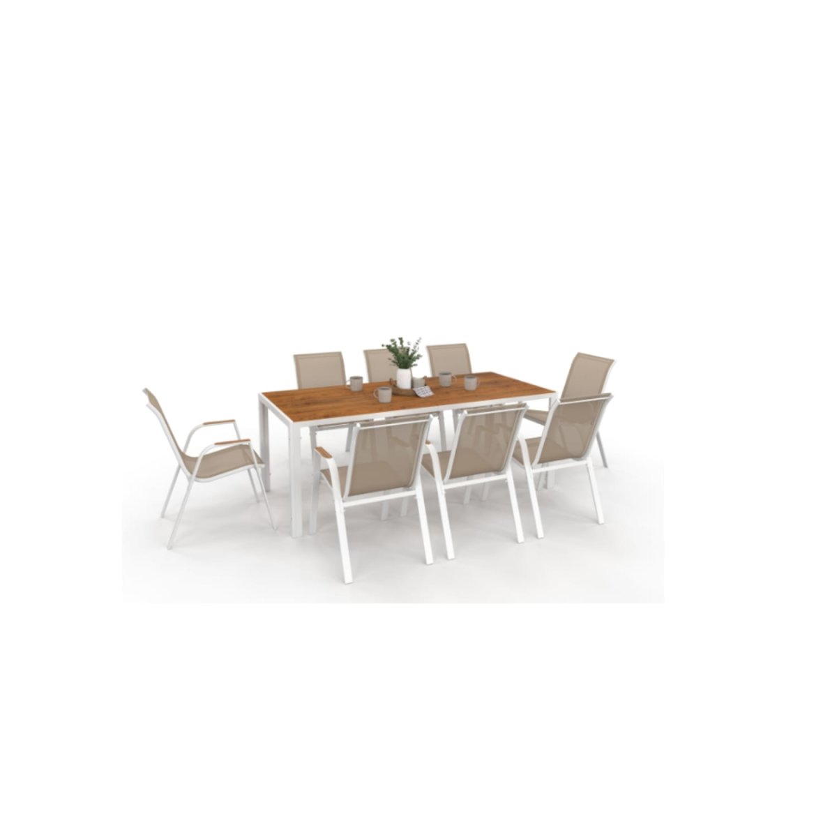 Salon de jardin NOUMEA table 190 cm plateau verre trempé effet bois et 8 chaises empilables blanc et bois – Image 2