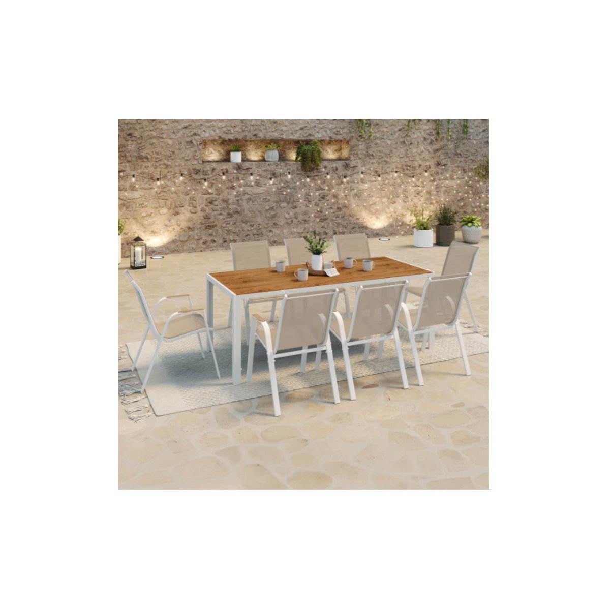 Salon de jardin NOUMEA table 190 cm plateau verre trempé effet bois et 8 chaises empilables blanc et bois – Image 3