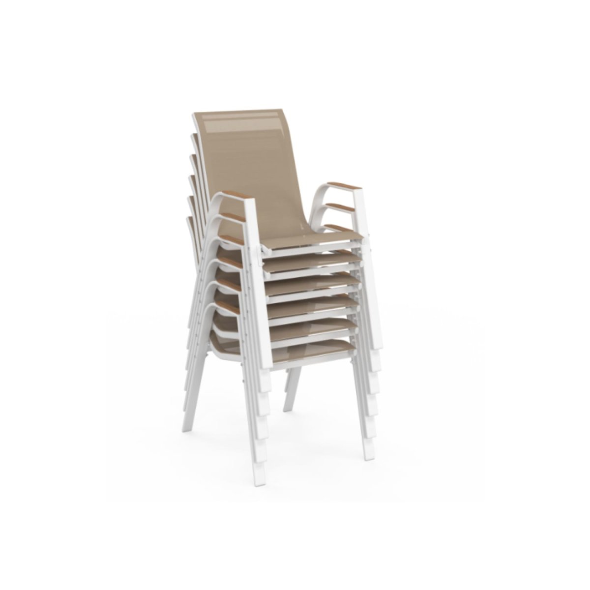 Salon de jardin NOUMEA table 190 cm plateau verre trempé effet bois et 8 chaises empilables blanc et bois – Image 4