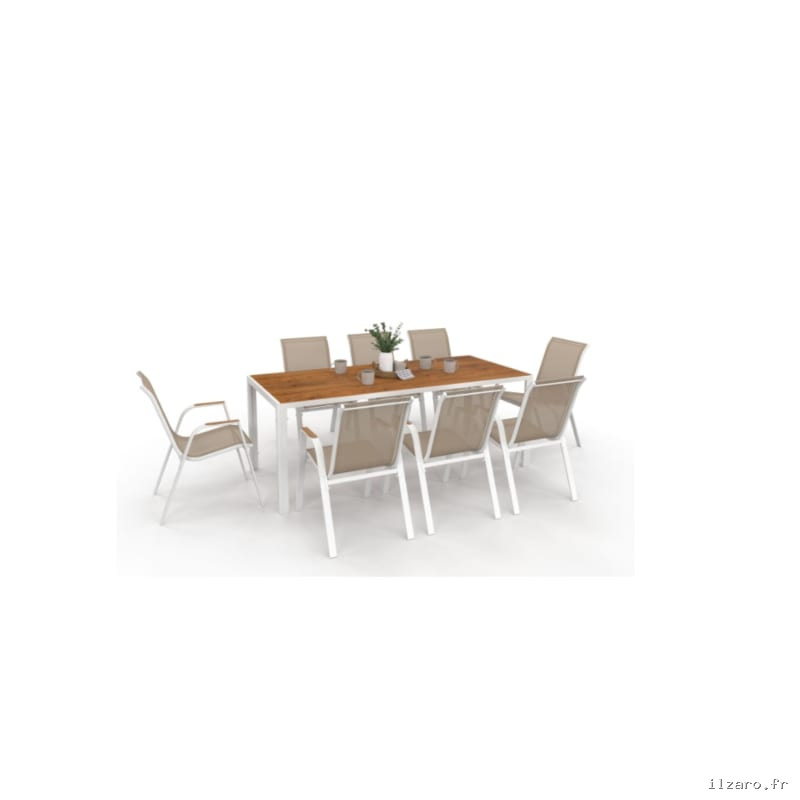 Salon de jardin NOUMEA table 190 cm plateau verre trempé effet bois et 8 chaises empilables blanc et bois